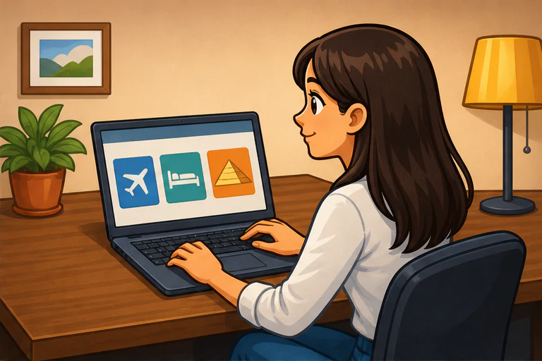 Ania planuje wycieczkę przy laptopie