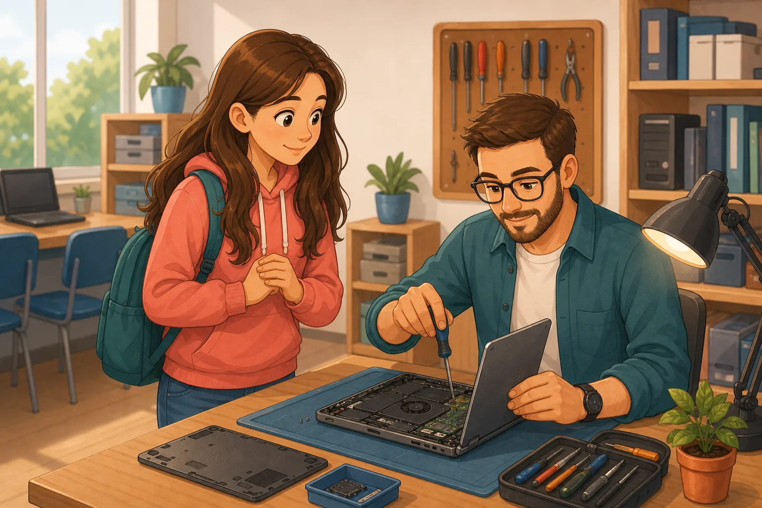 Rysunkowa Maja patrzy, jak ktoś naprawia jej laptop