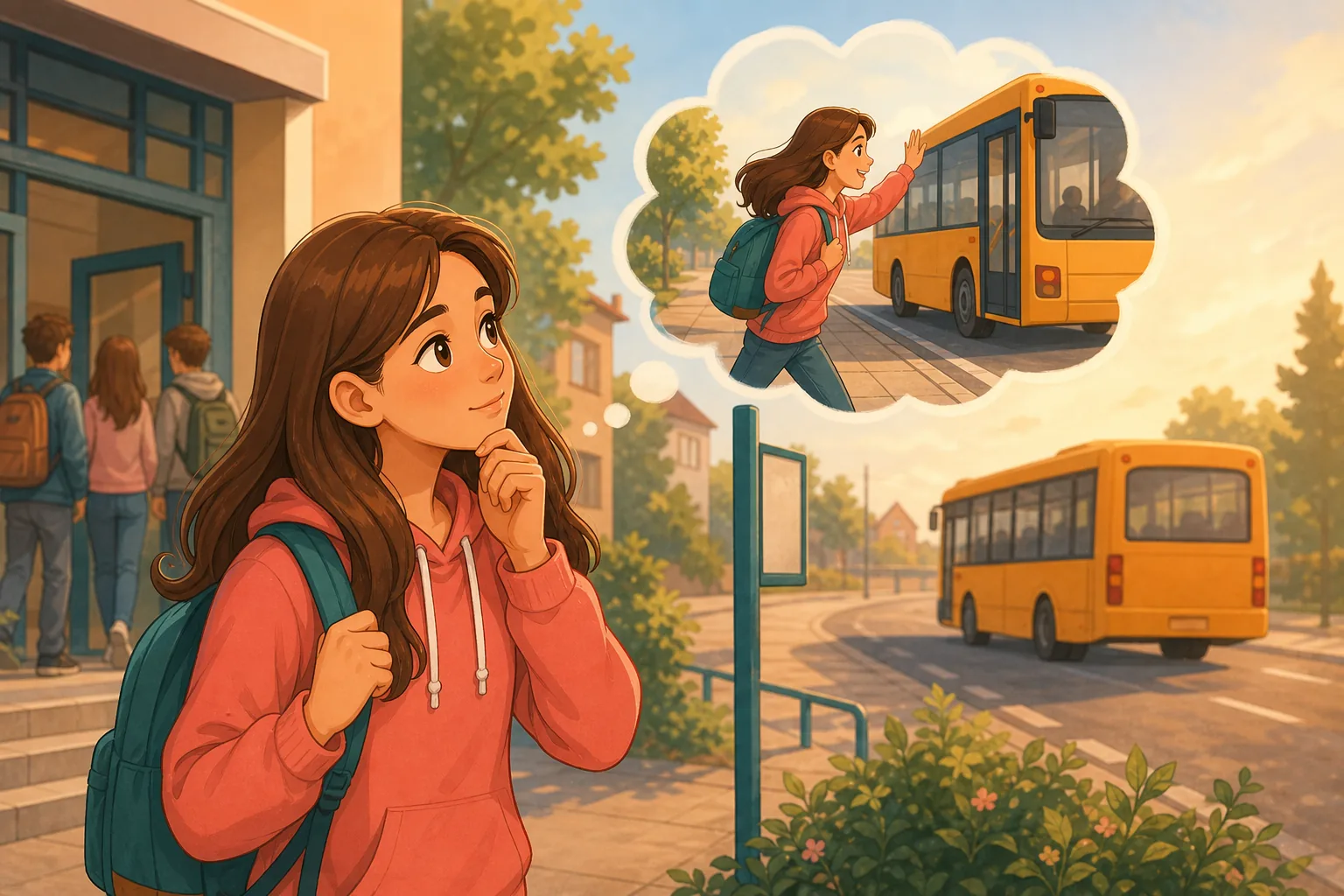 Rysunkowa Maja rozmyśla o autobusie, który odjechał wcześniej