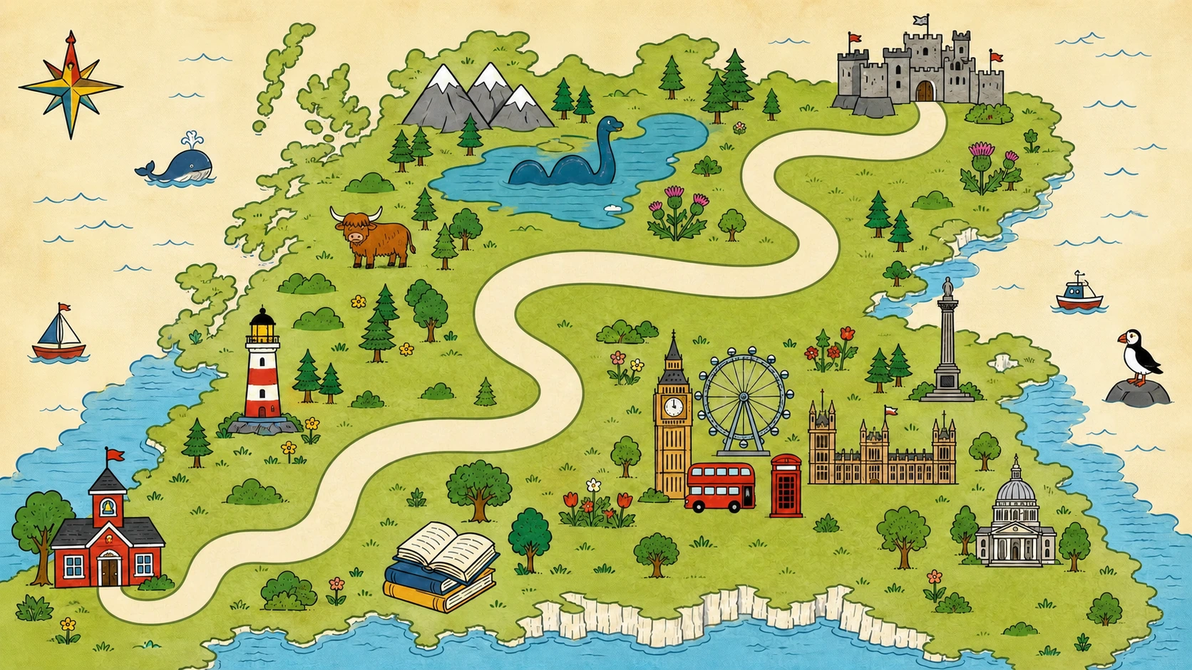 Dwuwymiarowa ilustrowana mapa edukacyjnej wyprawy Little Explorers