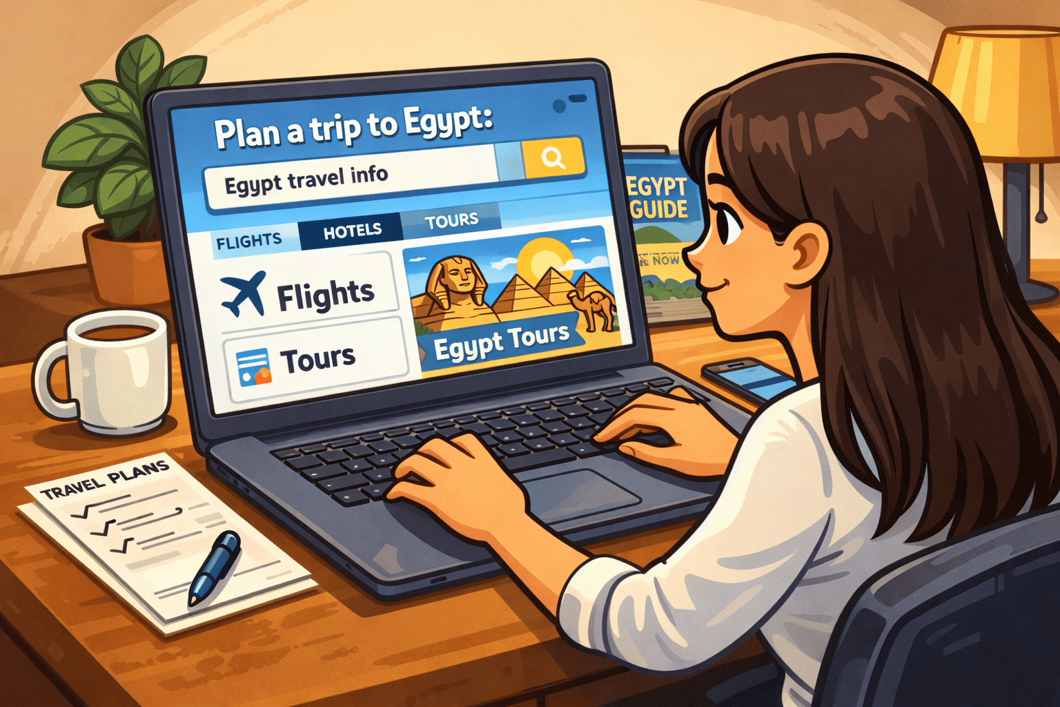 Kobieta planująca wakacje w Egipcie przy komputerze