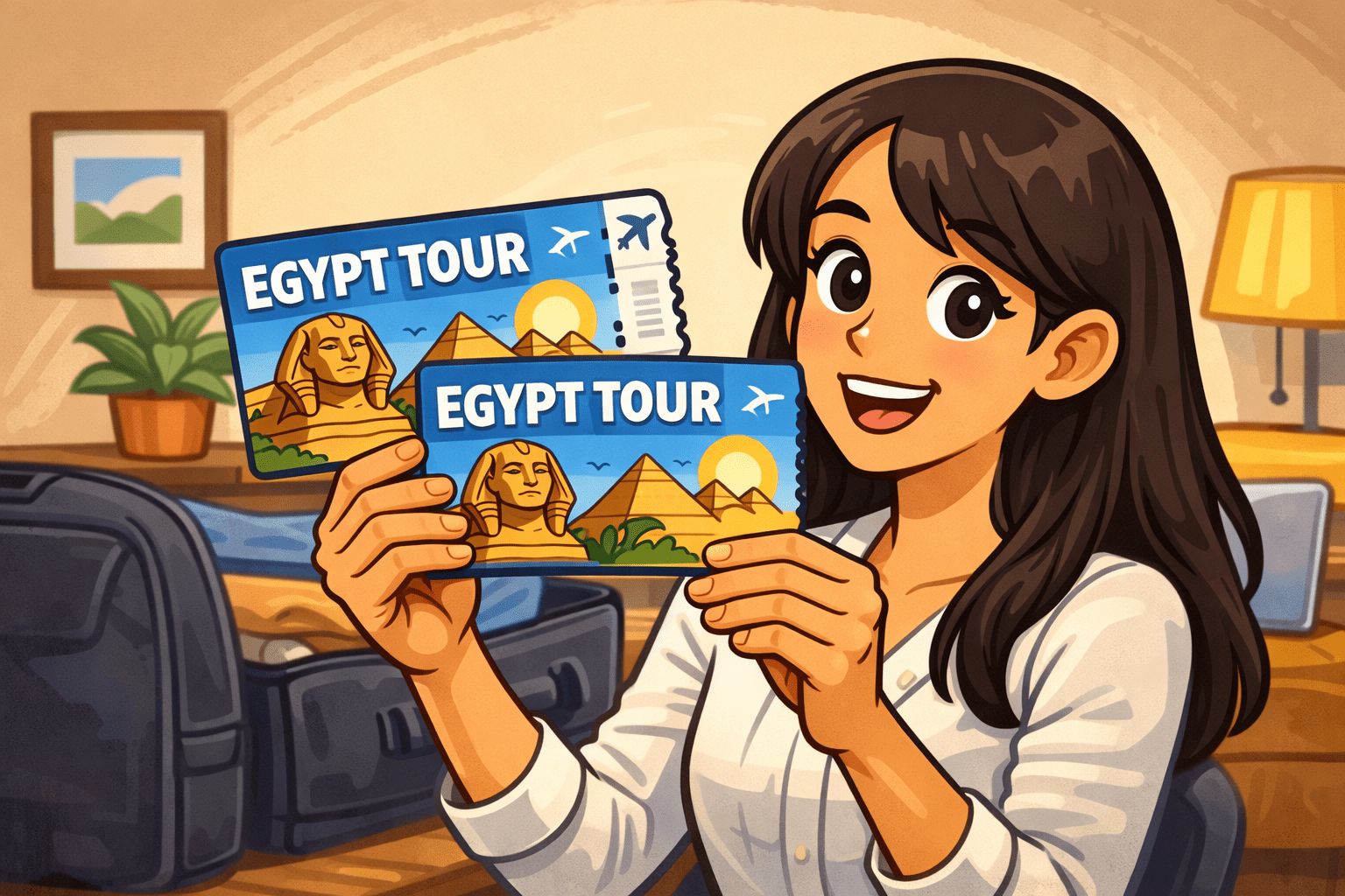 Szczęśliwa kobieta trzymająca bilety na lot do Egiptu