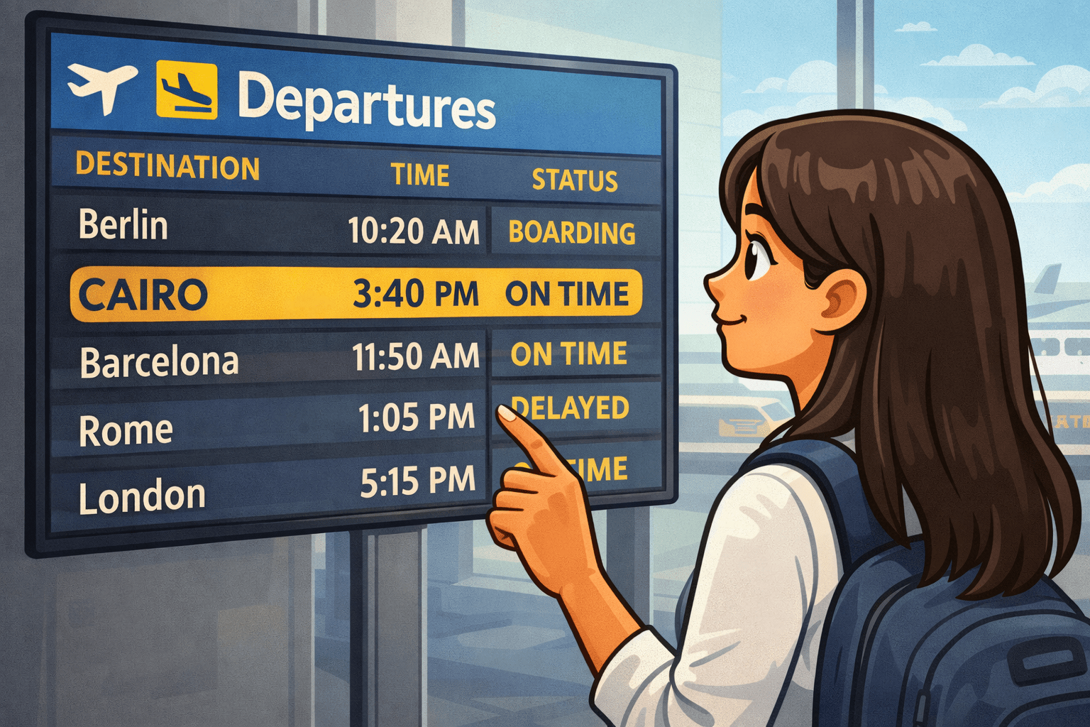 Kobieta sprawdzająca tablicę odlotów na lotnisku